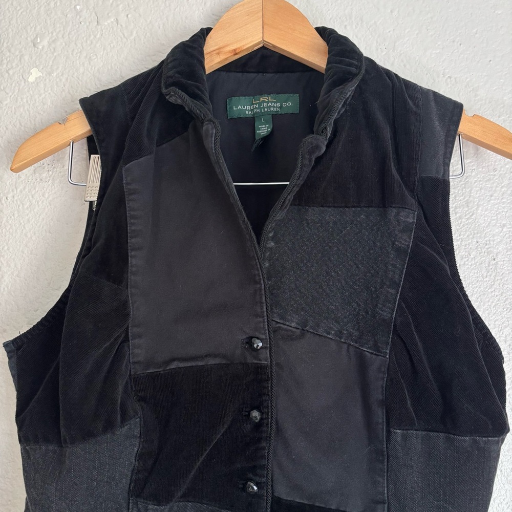 Vintage Ralph Lauren Black Denim Patchwork Velvet Velour Fitted Vest Size Large - Picture 3 of 6